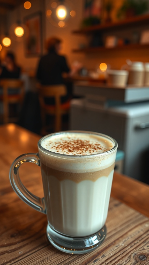 A creamy oat milk latte in a clear glass with cinnamon on top, set on a wooden table in a cozy coffee shop.